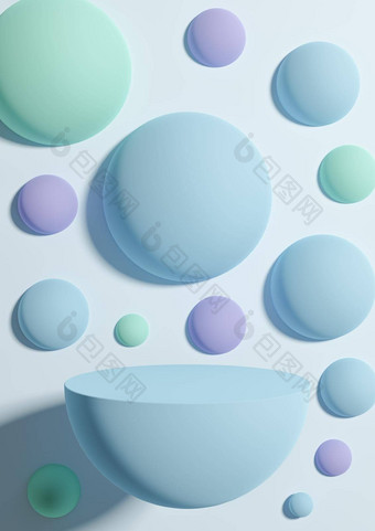 光柔和的婴儿蓝色的插图简单的最小的产品显示背景一边视图摘要色彩斑斓的泡沫球体讲台上站产品摄影壁纸