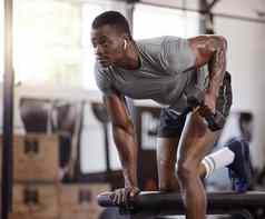 非洲美国运动员提升哑铃肱三头肌旋度锻炼板凳上健身房强大的适合活跃的黑色的男人。培训权重健康体育运动俱乐部举重锻炼例程