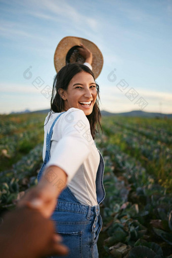 肖像女人农民服装持有手的男朋友走卷心菜场面目全非,人持有手浅黑肤色的女人女人浪漫的走农场