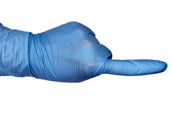 孤立的手蓝色的医疗手套白色背景指数手指点一边