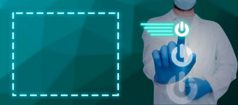 医生面具手套指出多个发光的权力按钮符号显示至关重要的消息专家数字技术科学医学
