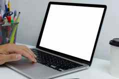 手男人。键盘电脑移动PC模拟空白白色屏幕监控技术在线互联网数字广告业务概念