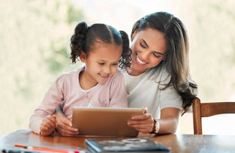 微笑妈妈。在家教育女儿数字平板电脑混合比赛女人教学可爱的孩子首页可爱的拉美裔孩子技术网络学习科维德流感大流行
