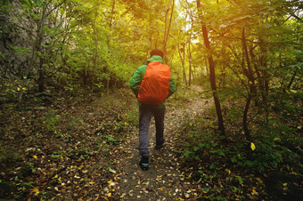旅游绿色夹克红色的背包走山路径春天秋天旅行者旅游秋天景观山徒步旅行后视图