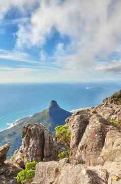 空中视图表格山南非洲阳光明媚的一天复制空间和平早....的观点蓝色的海洋狮子头角小镇宁静的宁静平静的和谐自然