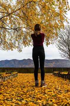 秋天叶子下降女人走秋天小巷秋天景观橙色树叶公园orsova罗马尼亚