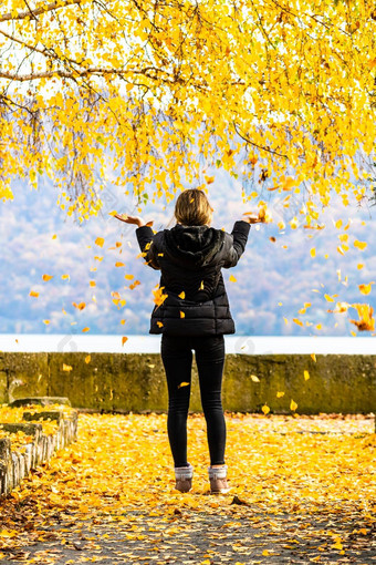 回来视图女人享受秋天扔下降叶子秋天小巷秋天景观橙色树叶公园orsova罗马尼亚