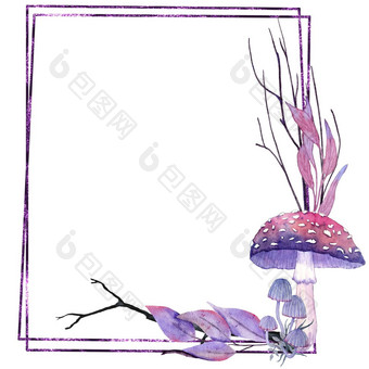 手画插图万圣节神秘的魔法框架蘑菇紫色的叶子黑色的分支机构晶体蘑菇令人毛骨悚然的恐怖花花邀请优雅的神秘的设计