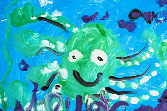 照片真正的画画幼儿园学前教育孩子水彩水粉画铅笔混合颜色概念艺术教育类治疗鼓舞人心的爱好绿色章鱼微笑蓝色的水下世界