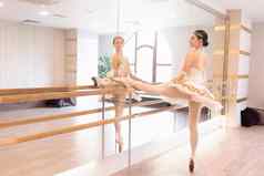 完整的长度视图芭蕾舞女演员奶油衣服尖端鞋子培训巴利镜子