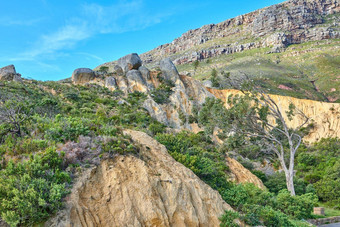 景观山<strong>绿色植物</strong>树叶南非洲阳光明媚的一天岩石山<strong>绿色植物</strong>蓝色的天空美丽的远程自然场景受欢迎的冒险徒步旅行位置