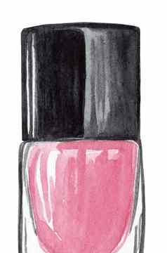 水彩手画粉红色的指甲波兰的瓶黑色的帽孤立的白色背景