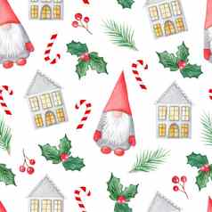 水彩圣诞节Gnome房子冬青分支机构无缝的模式白色背景织物纺织包装壁纸剪贴簿