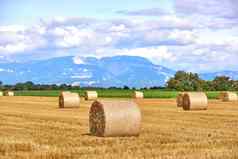 美丽的小麦有稻草农场场夏天农村农田山树多云的蓝色的天空背景景观轮干草堆农业复制空间