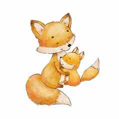 可爱的婴儿狐狸妈妈。字符水彩幼稚的插图孤立的白色林地动物妈妈孩子