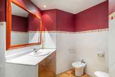 浴室装饰红色的白色音调镜子坐浴盆厕所。。。清洁空浴室