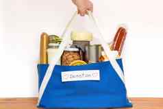 集杂货店食物有需要的危机意大利面豆子罐头食物蓝色的购物袋准备好了捐赠