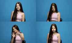集年轻的女人的粉红色的t恤肖像快乐伤心情绪蓝色的墙拼贴画情绪