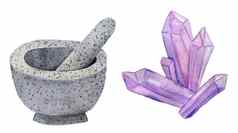 水彩手画illsutration灰色的砂浆杵紫色的水晶女巫万圣节神秘的魔法工具巫术药水酿造向导神秘概念