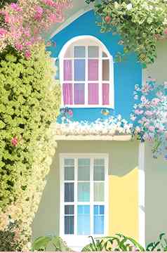 房子色彩斑斓的花花园柔和的颜色