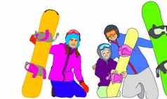 雪度假胜地享受滑雪家庭父亲妈妈。儿子孩子滑雪板休息雪度假胜地字符体育运动活动雪山卡通插图