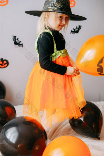 孩子们的万圣节女孩女巫他狂欢节服装艾里橙色黑色的气球首页准备好了庆祝万圣节