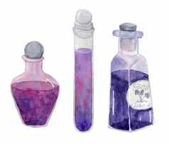 水彩手画插图紫色的女巫药剂师galsses瓶药水神秘的酿造深奥的拼写令人毛骨悚然的恐怖万圣节剪纸艺术魔法草本植物艺术