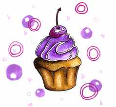 甜蜜的蛋糕紫色的奶油樱桃画手标记蛋糕白色背景