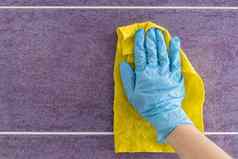 员工手橡胶保护手套微纤维布擦拭墙灰尘女仆家庭主妇在乎房子春天一般常规的清洁商业清洁公司概念