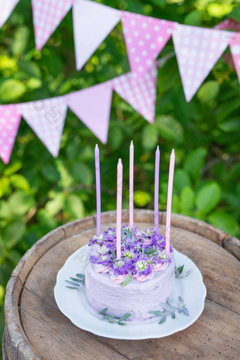 美丽的bento<strong>蛋糕紫色</strong>的数据仙女马蒂奥拉花绿色叶子蜡烛<strong>蛋糕</strong>背景粉红色的旗帜生日垂直照片