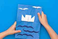 papercraft卡船海海鸥孩子手