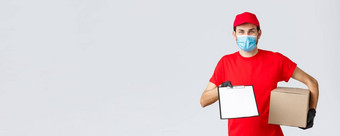 包包裹交付科维德检疫交付转移订单友好的快递红色的统一的脸面具手套持有包盒子给剪贴板订单标志形式客户端