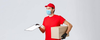 包包裹交付科维德交付转移订单配置文件友好的快递红色的统一的脸面具手套带订单持有盒子给形式客户端标志
