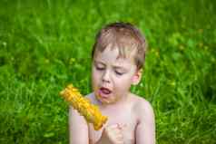 可爱的金发碧眼的男孩开胃的吃玉米夏天坐着银行河多汁的草有趣的面部表达式