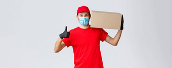 包包裹交付科维德检疫交付转移订单快乐的快递红色的统一的手套脸面具翘拇指问题交付订单盒子客户