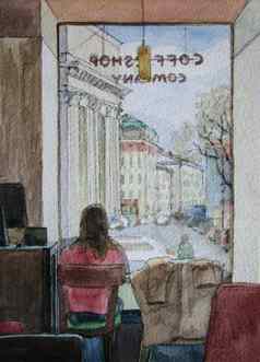 咖啡馆圣彼得堡街视图水彩插图