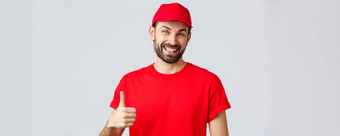 在线购物交付检疫<strong>外卖</strong>概念友好的快乐的快递红色的帽t恤统一的鼓励使互联网<strong>订单</strong>翘拇指批准建议