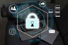 个人数据保护行为pdpa概念商人电话指纹扫描概念盾锁图标屏幕未来主义的保护隐私盗窃