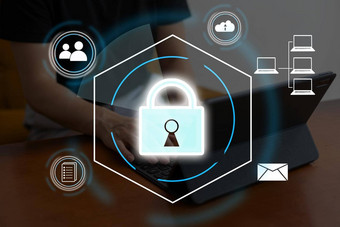 个人数据保护行为pdpa概念商人电话指纹扫描概念盾锁图标屏幕未来主义的保护隐私盗窃图片