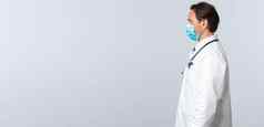 科维德防止病毒医疗保健工人疫苗接种概念配置文件专业医生工作站医疗面具白色外套听病人任命