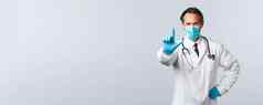 科维德防止病毒医疗保健工人疫苗接种概念自信医生医疗面具手套摇晃手指责骂禁止警告病人冠状病毒
