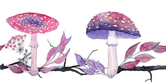 水彩手画无缝的水平边境紫色的粉红色的蘑菇森林叶子草本植物女巫木万圣节框架背景令人毛骨悚然的恐怖剪纸艺术