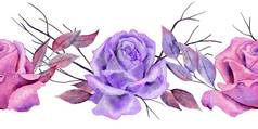 水彩手画玫瑰粉红色的紫色的花花无缝的水平边境令人毛骨悚然的神秘的魔法神秘的框架背景黑色的布恩奇斯