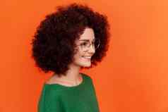 一边视图肖像有吸引力的女人非洲式发型发型完美的皮肤穿绿色休闲风格毛衣演出微笑