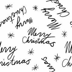 手画无缝的模式黑色的白色圣诞节快乐快乐假期刻字单词手写风格雪花冬青白色背景极简主义卡通涂鸦设计一年庆祝活动
