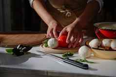 细节酋长手持有成熟的多汁的红色的西红柿蘑菇食用香草新鲜的有机蔬菜厨房表格
