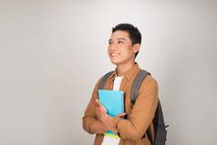 肖像微笑年轻的大学亚洲学生书背包白色背景