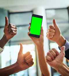 绿色屏幕复制空间浓度关键电话拇指手标志手势象征网站市场营销促销活动特写镜头业务人手支持办公室网络应用程序