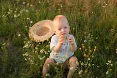 金发碧眼的男孩稻草他坐着草洋甘菊场概念走自然自由环境友好的生活方式