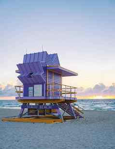 南海滩迈阿密纳佛罗里达海滩小屋救生员小屋日落
